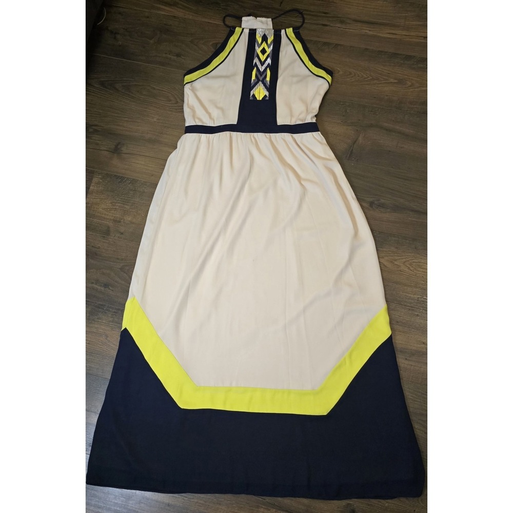 Greylin Maxi‎ Dress Size L Boho Embroidered Halter Colorblock Lined Tribal Neon